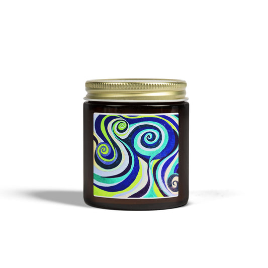 Candle jar with a colorful spiral design on a white background