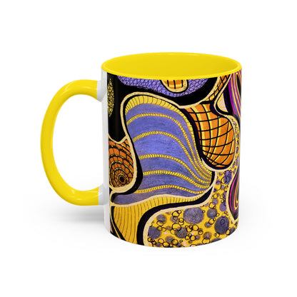 Psychedelic Seashells Accent Coffee Mug — Vibrant Purple & Gold Ocean Pattern (11/15oz)