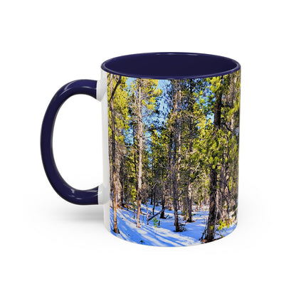 Pine Forest Snow Accent Coffee Mug – Scenic Nature Photography 11/15oz