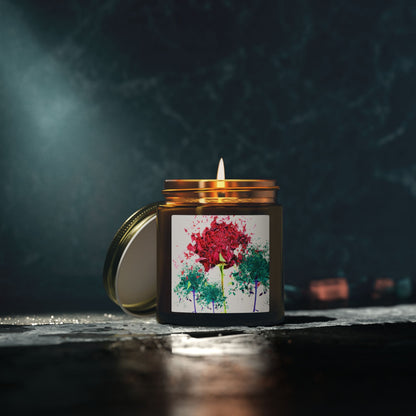 Candle in a jar with a floral label on a dark background