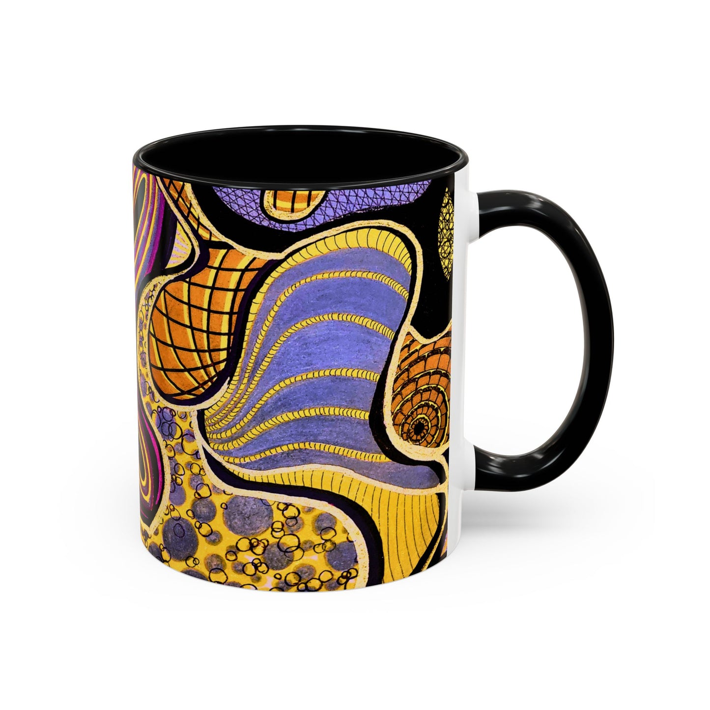 Psychedelic Seashells Accent Coffee Mug — Vibrant Purple & Gold Ocean Pattern (11/15oz)