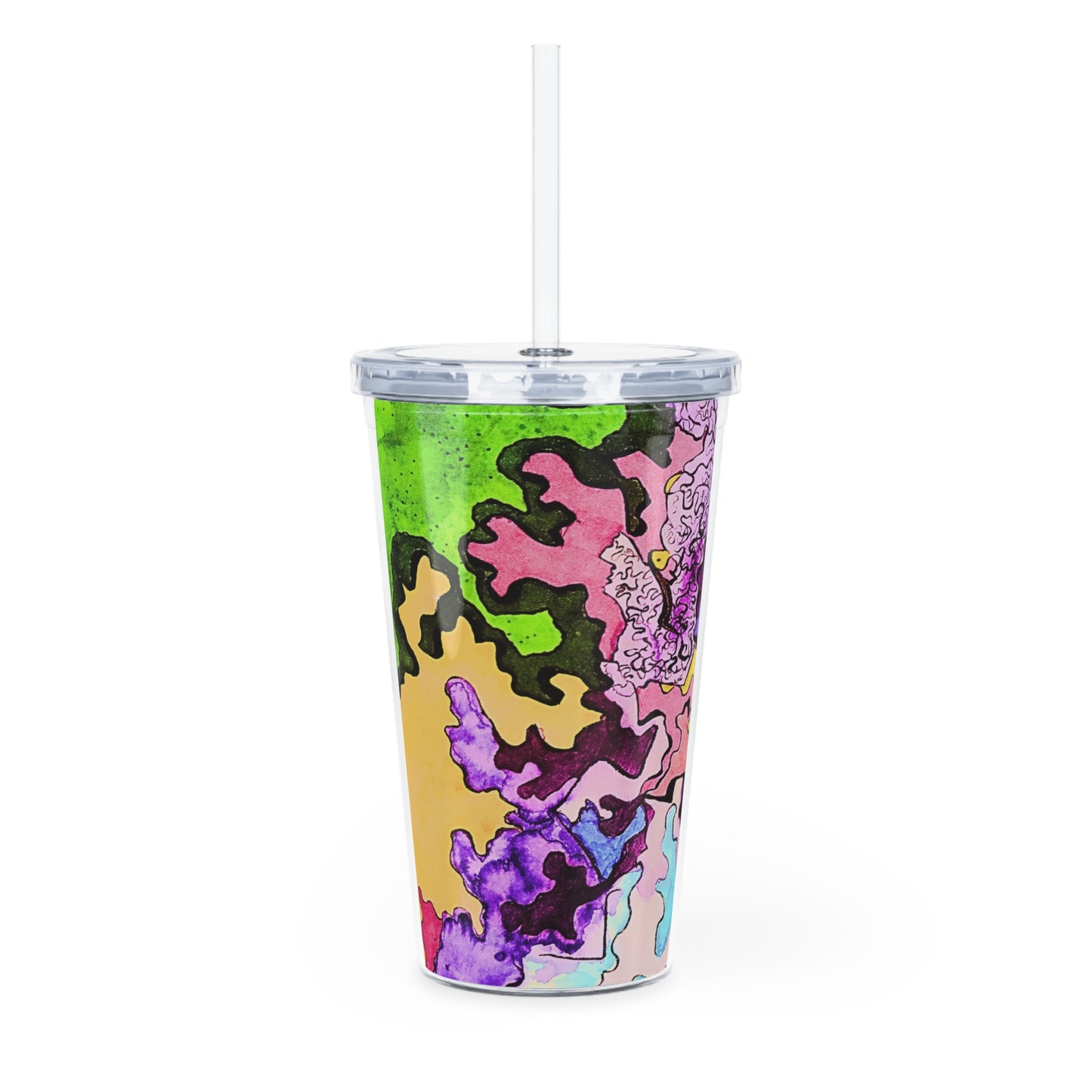 Colorful abstract-patterned tumbler with a straw on a white background