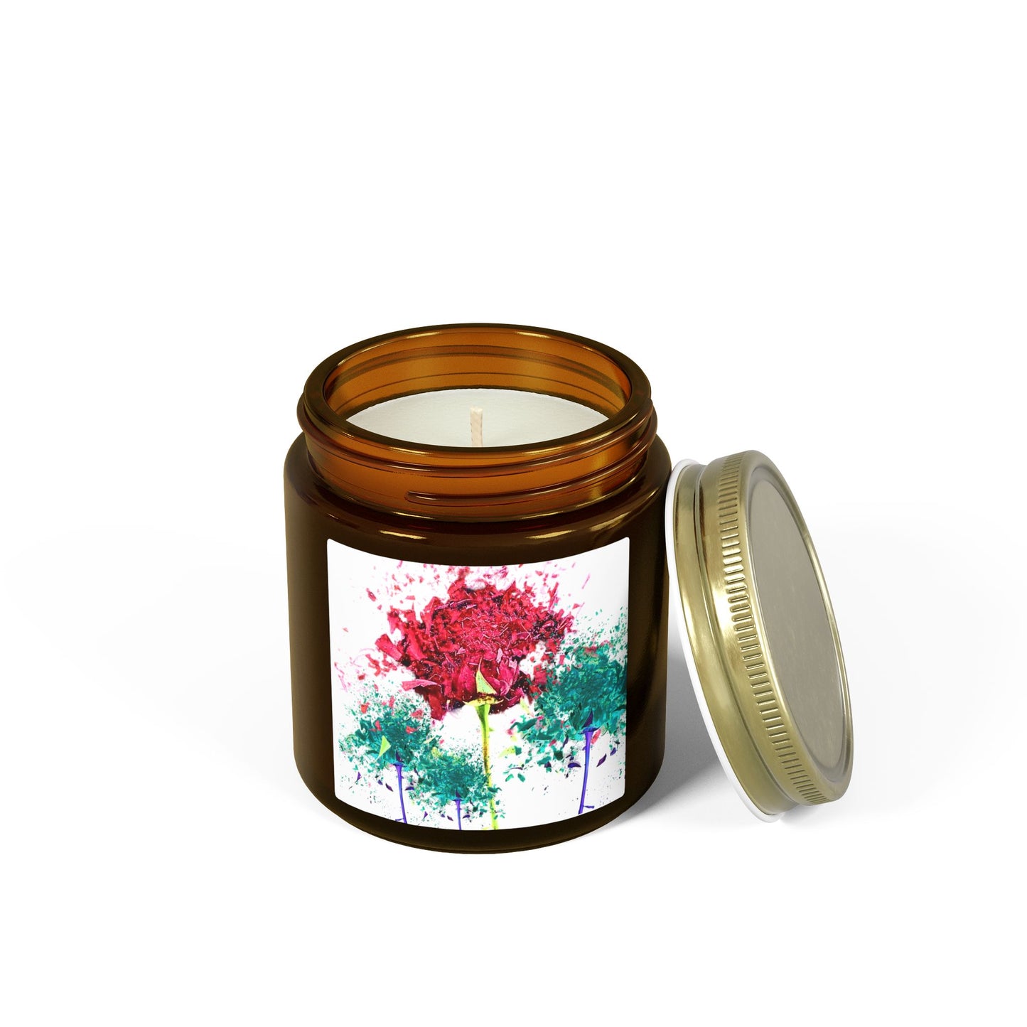 Candle in an amber jar with a colorful label on a white background