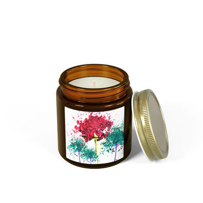 Candle in an amber jar with a colorful label on a white background