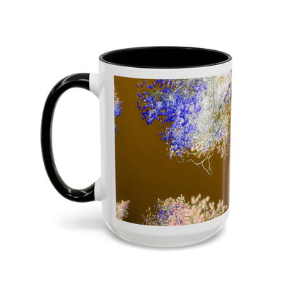 Floral Accent Coffee Mug — Botanical Blue & Pink Print on Brown (11/15oz)