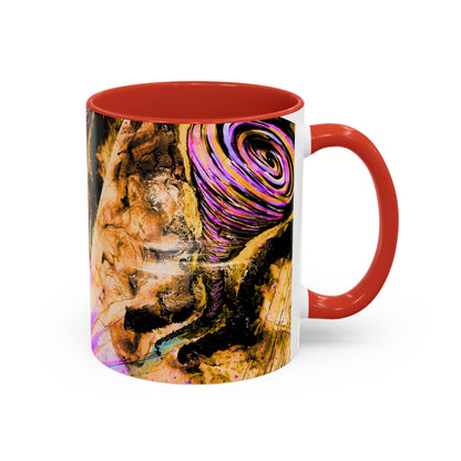 Mug with abstract design and red handle and interior