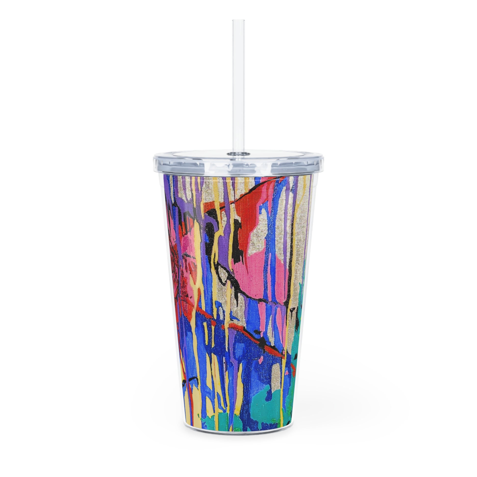Colorful tumbler with abstract design on a white background