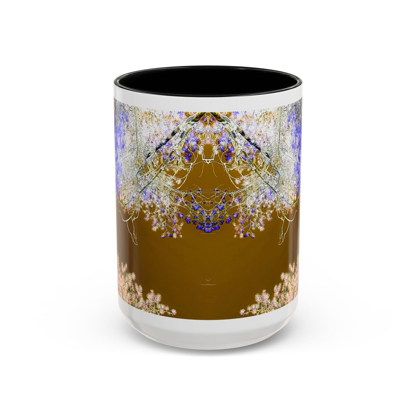 Floral Accent Coffee Mug — Botanical Blue & Pink Print on Brown (11/15oz)