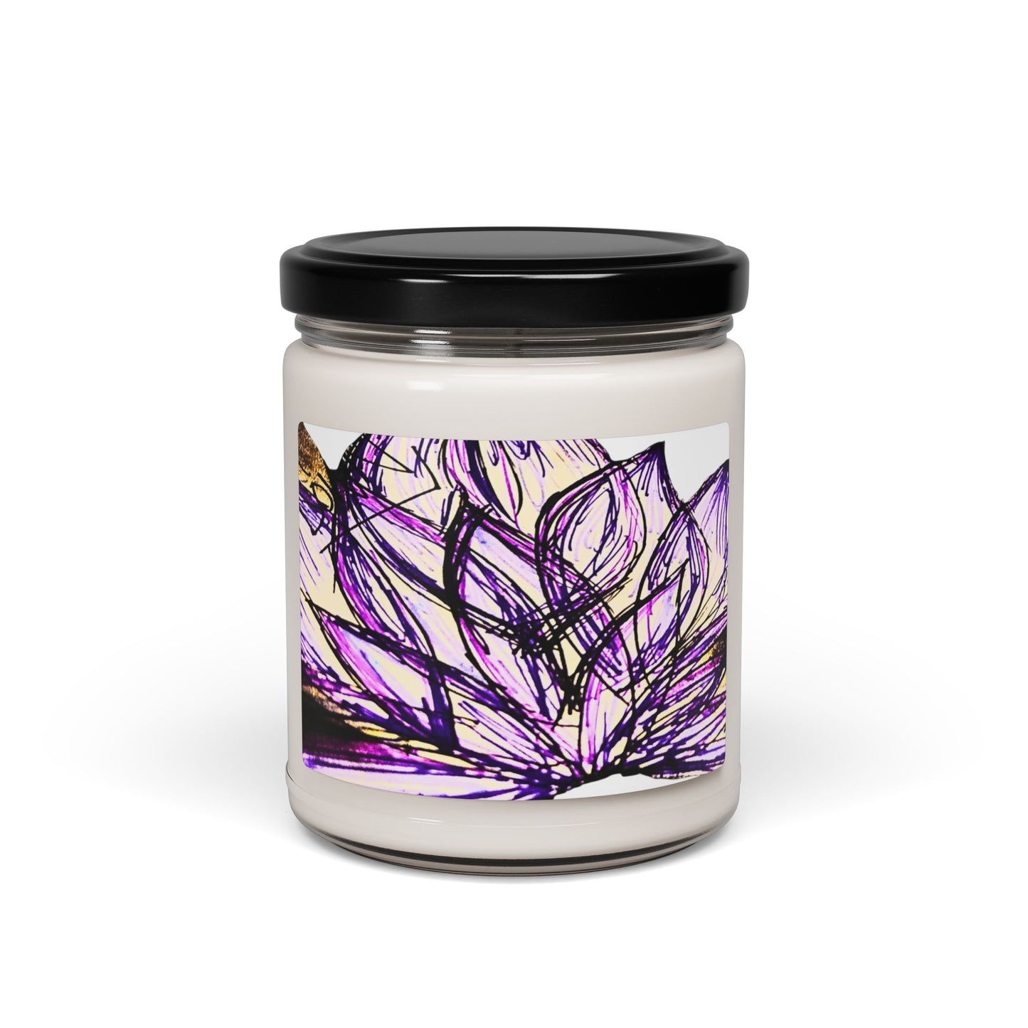 Candle jar with a decorative label featuring purple lotus flower on a white background