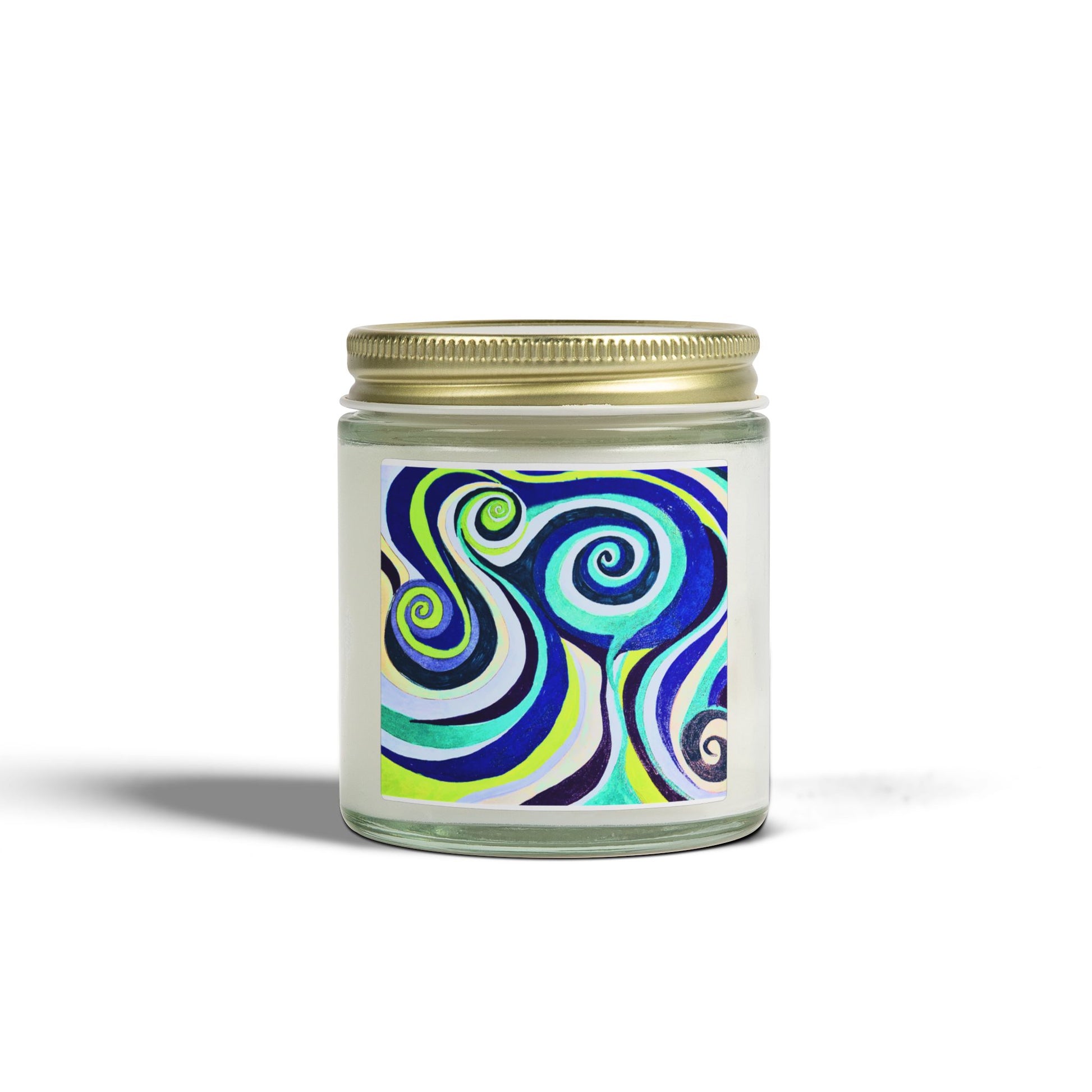 Candle jar with a colorful spiral design on a white background