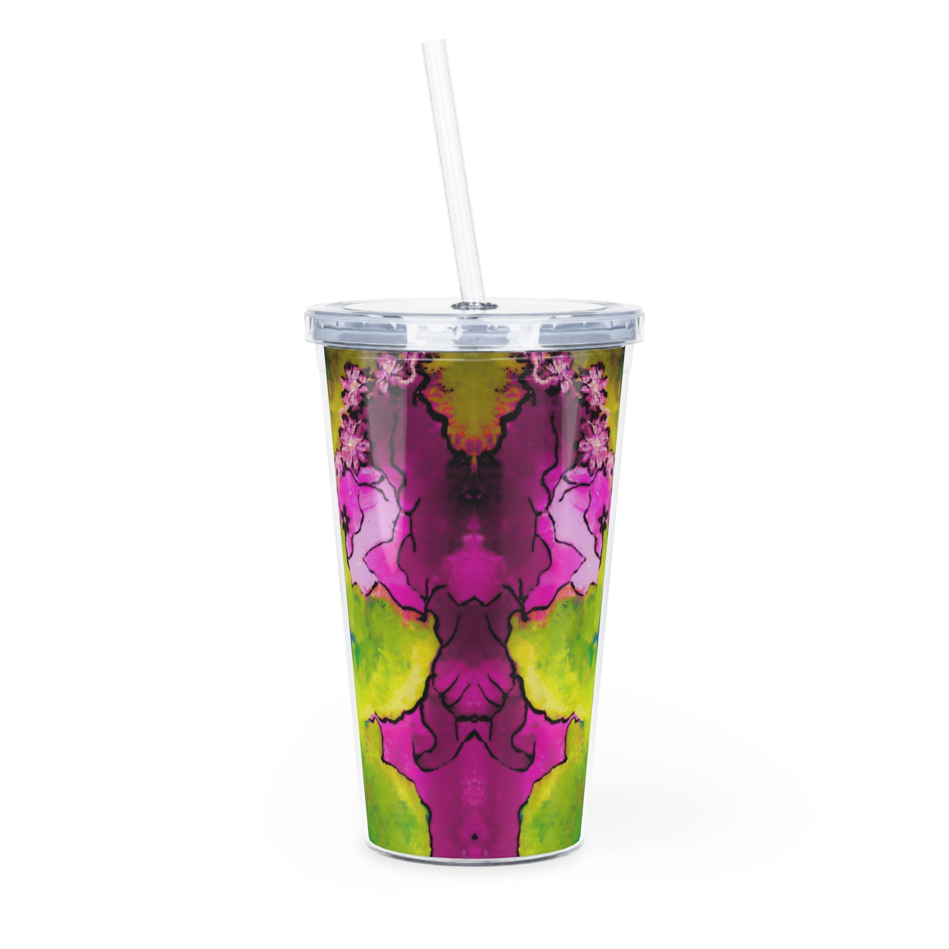 Colorful tumbler with a pattern and straw on a white background