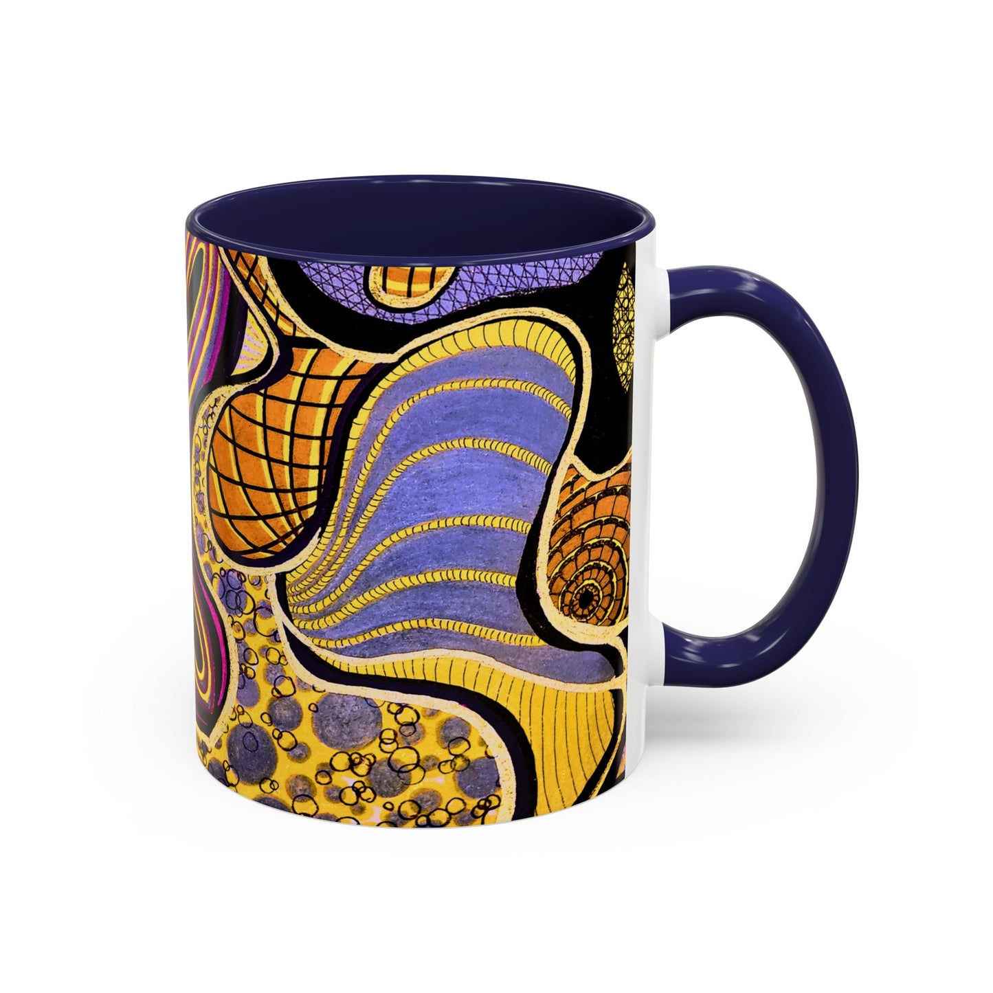 Psychedelic Seashells Accent Coffee Mug — Vibrant Purple & Gold Ocean Pattern (11/15oz)