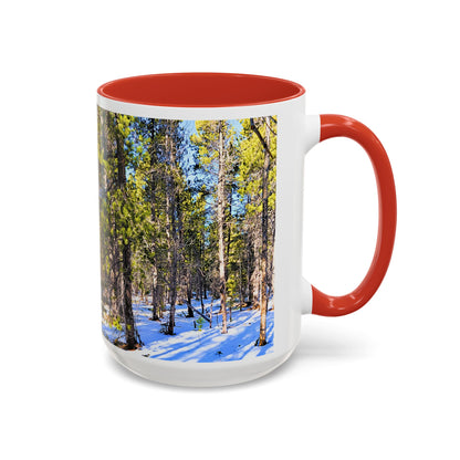 Pine Forest Snow Accent Coffee Mug – Scenic Nature Photography 11/15oz