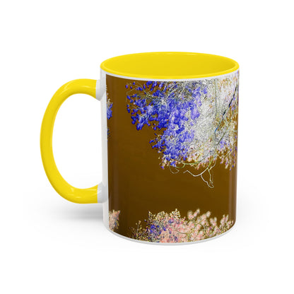 Floral Accent Coffee Mug — Botanical Blue & Pink Print on Brown (11/15oz)