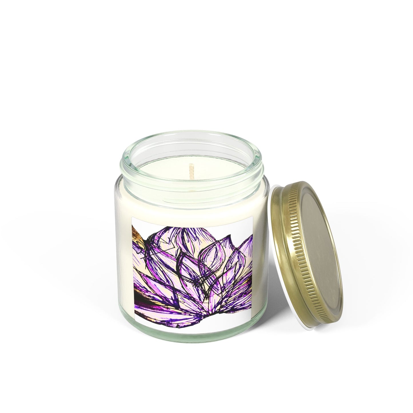 Candle in a glass jar with a purple floral design on a white background