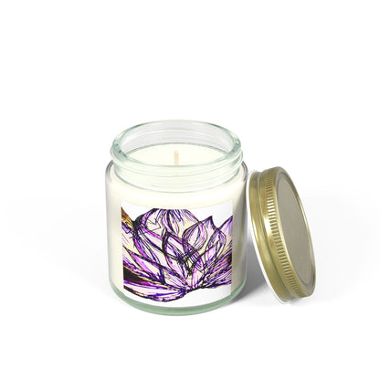 Candle in a glass jar with a purple floral design on a white background