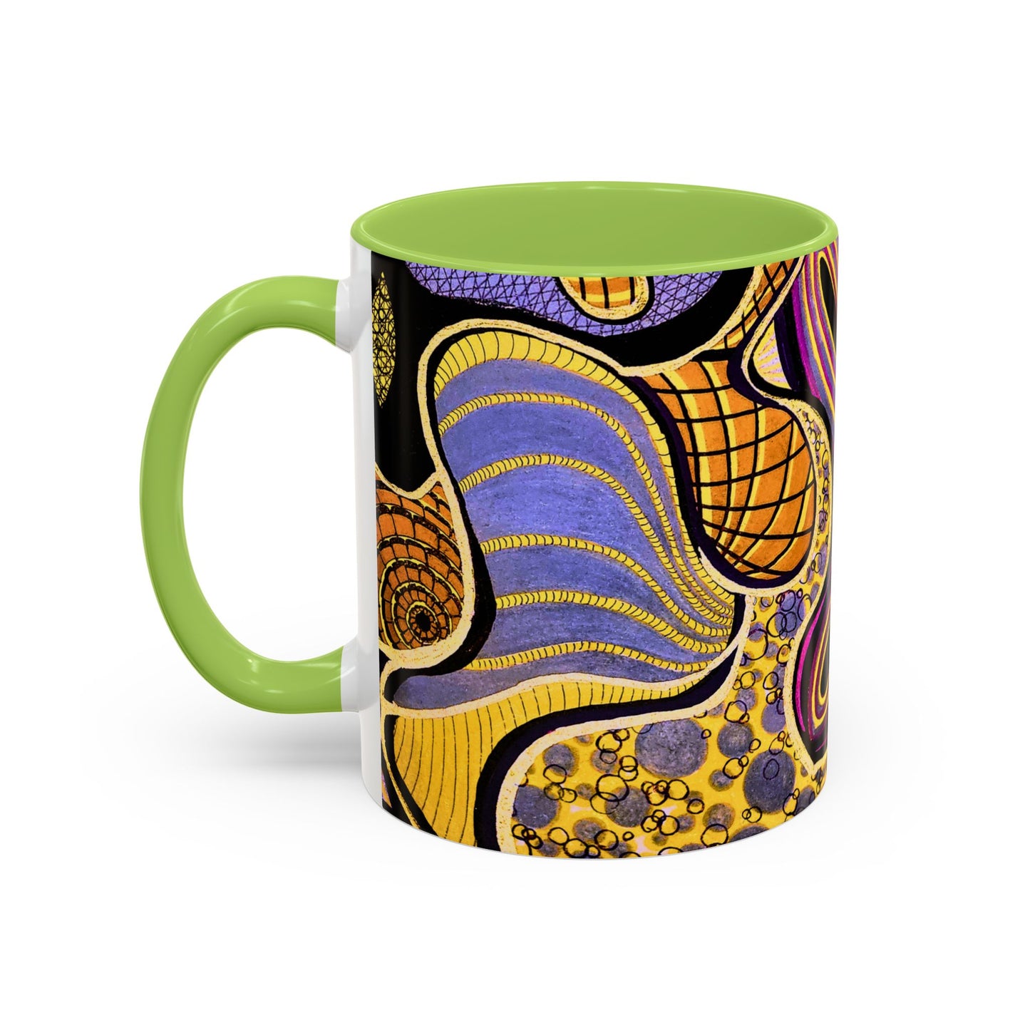 Psychedelic Seashells Accent Coffee Mug — Vibrant Purple & Gold Ocean Pattern (11/15oz)