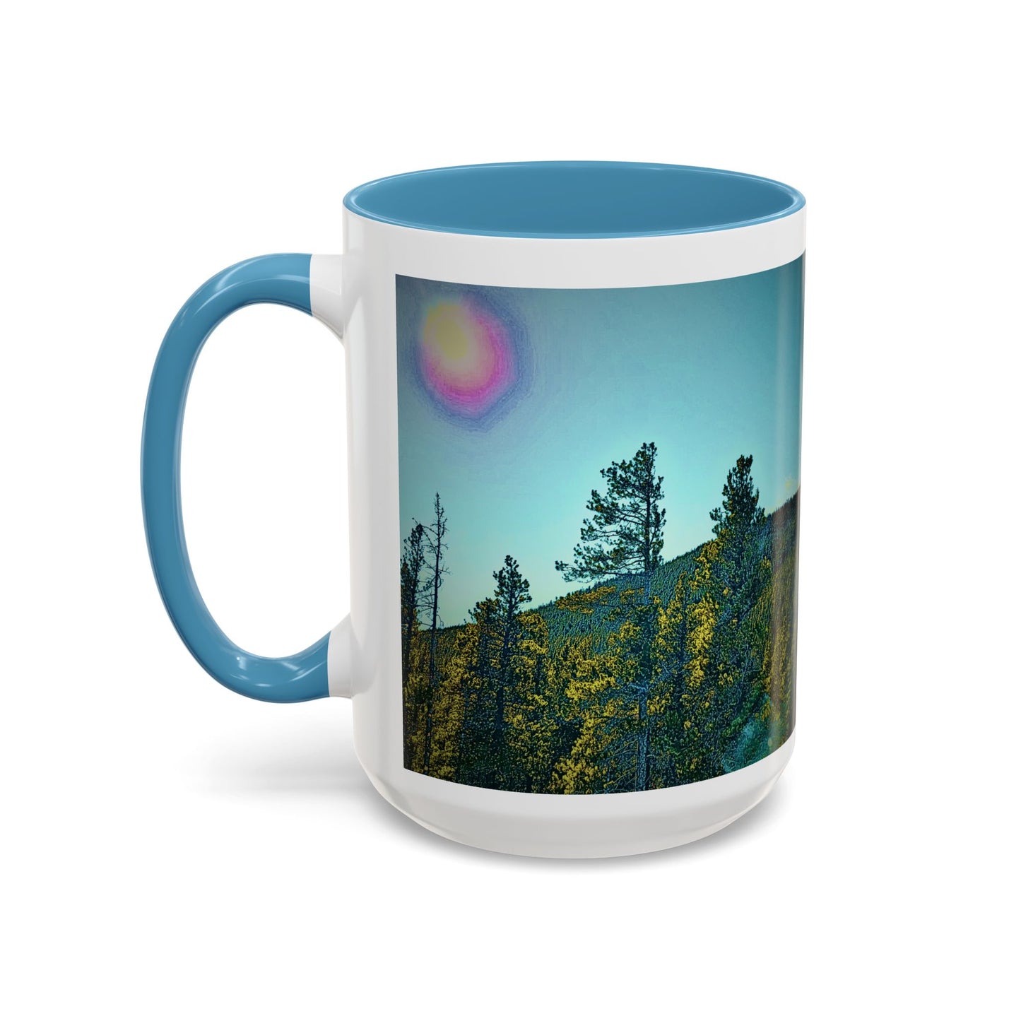 Scenic Pine Forest Accent Coffee Mug — Sunrise Landscape 11/15oz