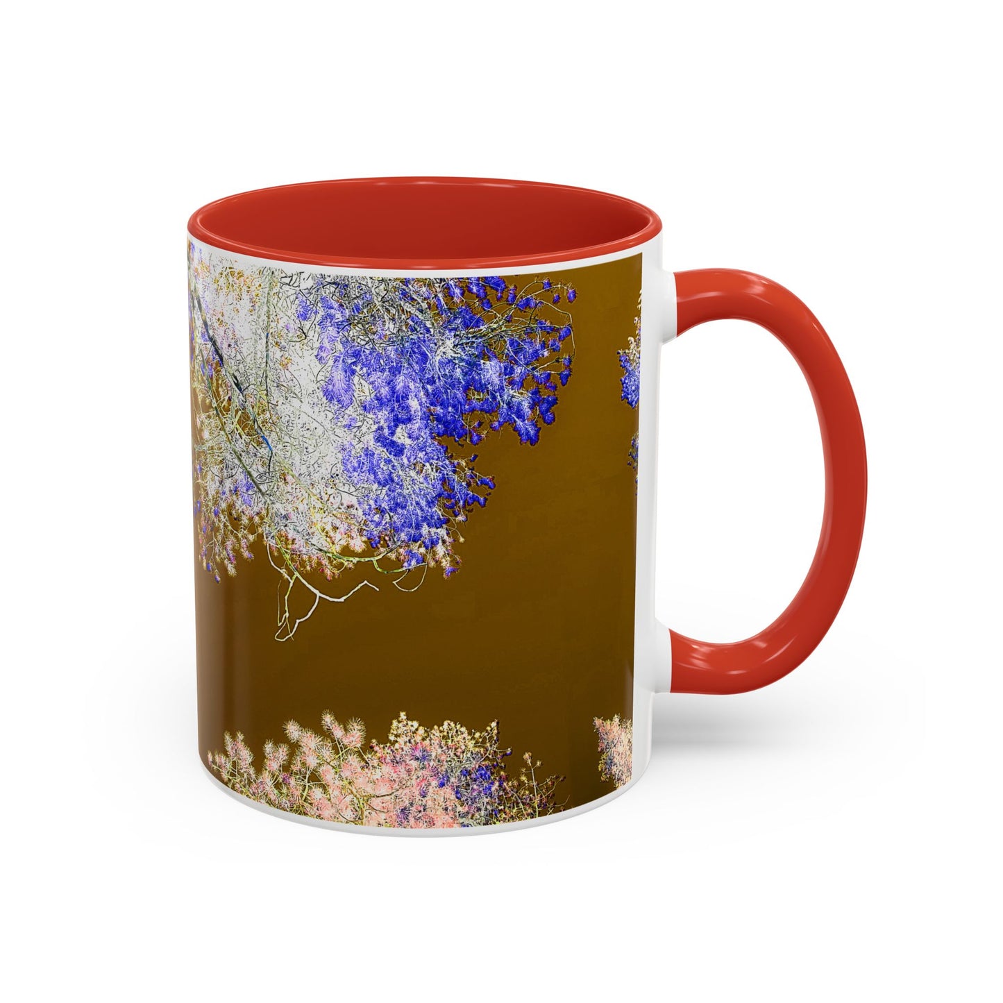 Floral Accent Coffee Mug — Botanical Blue & Pink Print on Brown (11/15oz)
