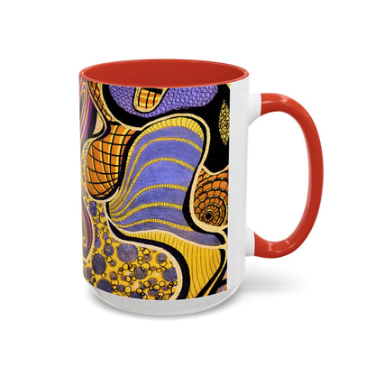 Psychedelic Seashells Accent Coffee Mug — Vibrant Purple & Gold Ocean Pattern (11/15oz)