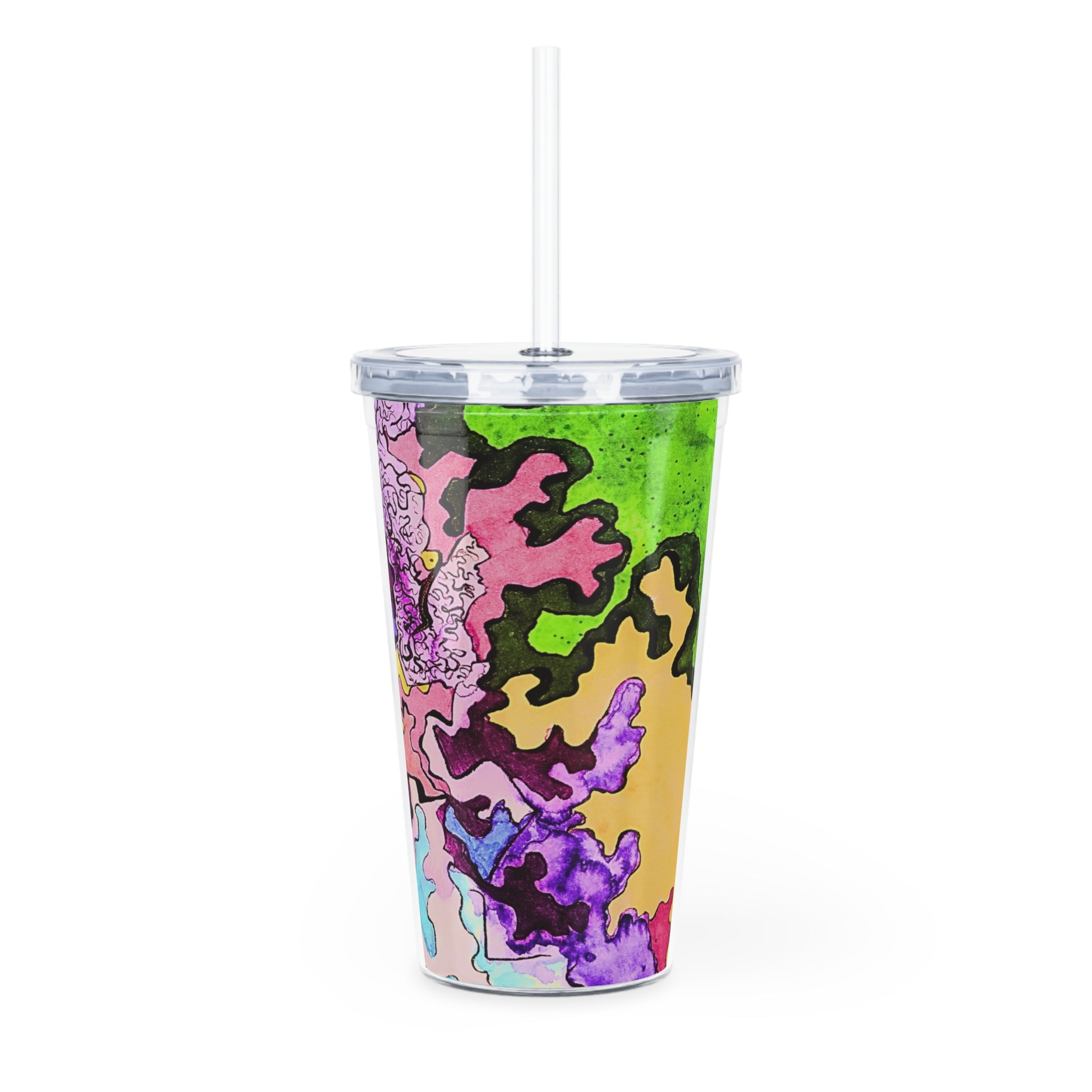 Colorful coral-patterned tumbler with a straw on a white background