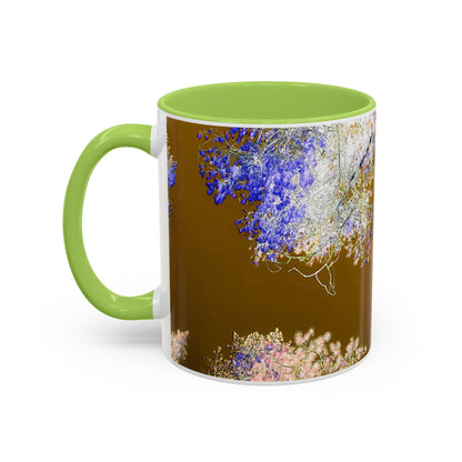 Floral Accent Coffee Mug — Botanical Blue & Pink Print on Brown (11/15oz)