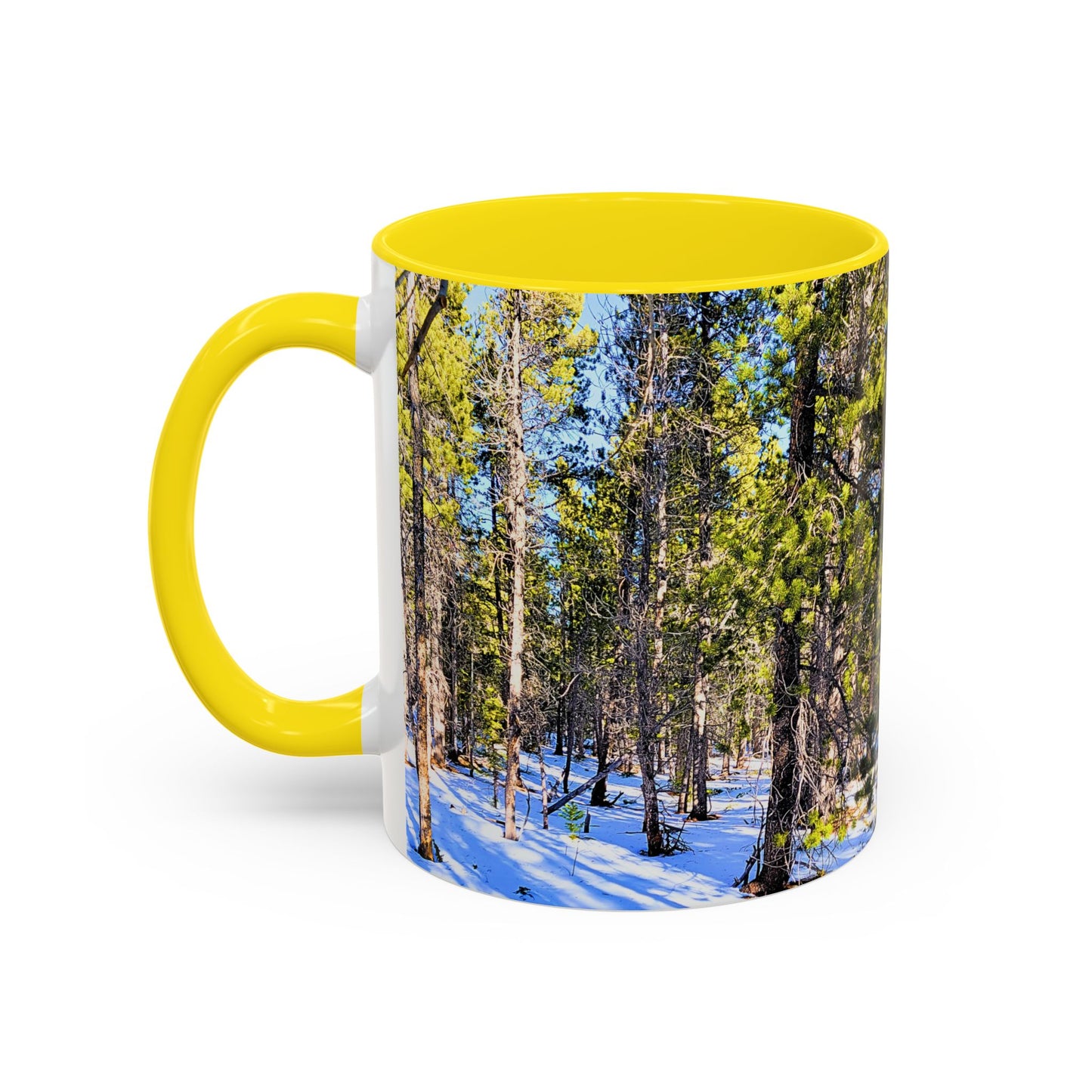 Pine Forest Snow Accent Coffee Mug – Scenic Nature Photography 11/15oz
