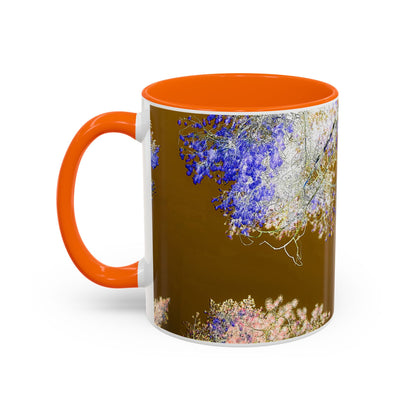 Floral Accent Coffee Mug — Botanical Blue & Pink Print on Brown (11/15oz)