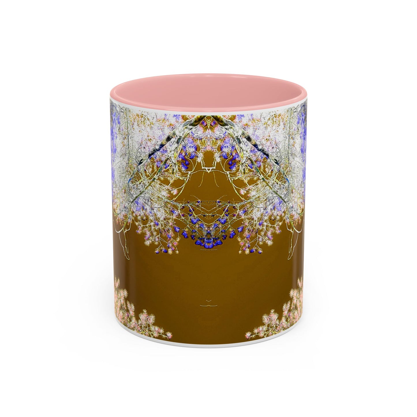 Floral Accent Coffee Mug — Botanical Blue & Pink Print on Brown (11/15oz)