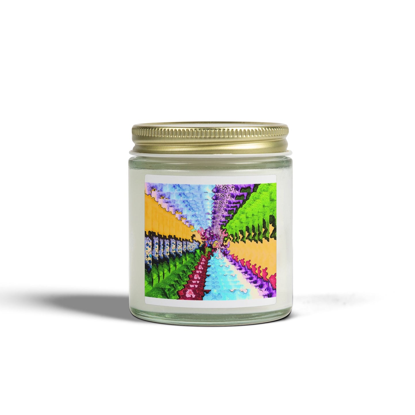 Candle jar with a colorful label on a white background