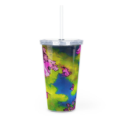 Colorful tumbler with a floral pattern on a white background