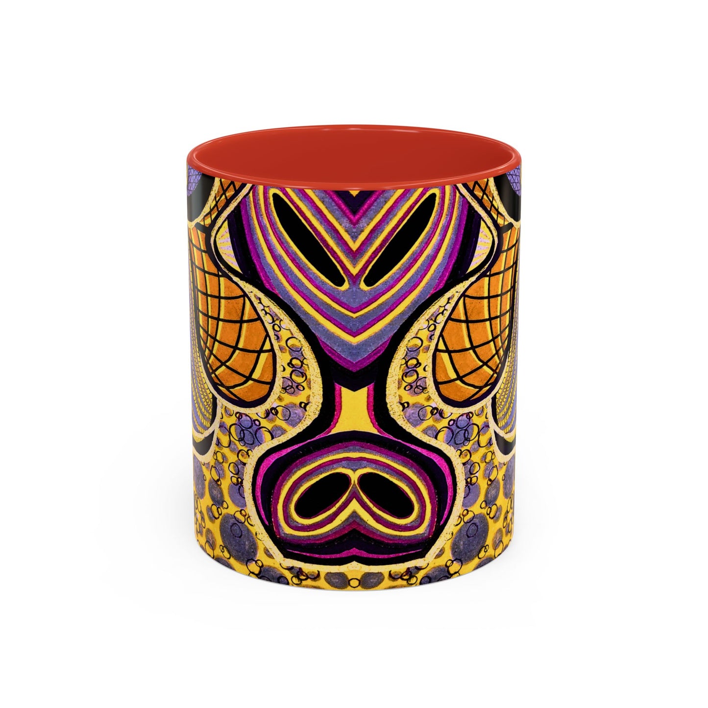 Psychedelic Seashells Accent Coffee Mug — Vibrant Purple & Gold Ocean Pattern (11/15oz)