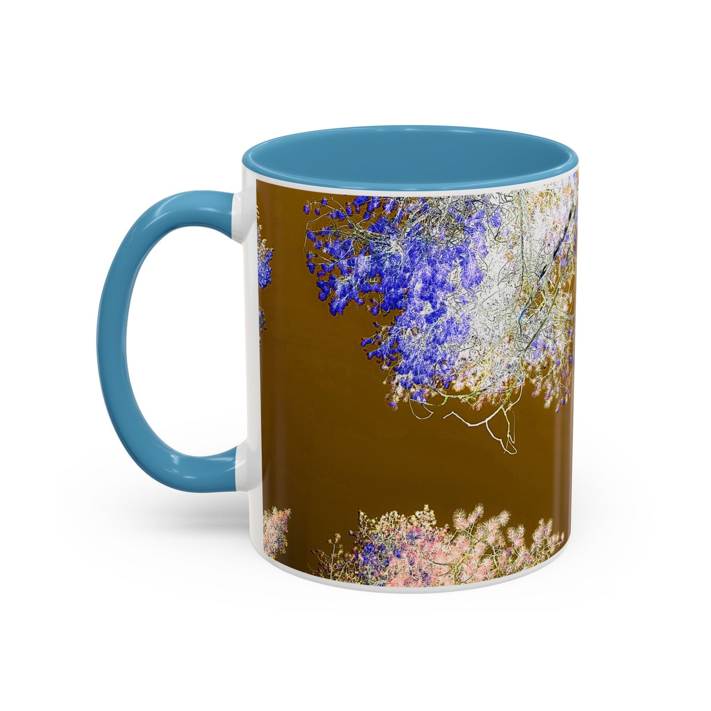 Floral Accent Coffee Mug — Botanical Blue & Pink Print on Brown (11/15oz)