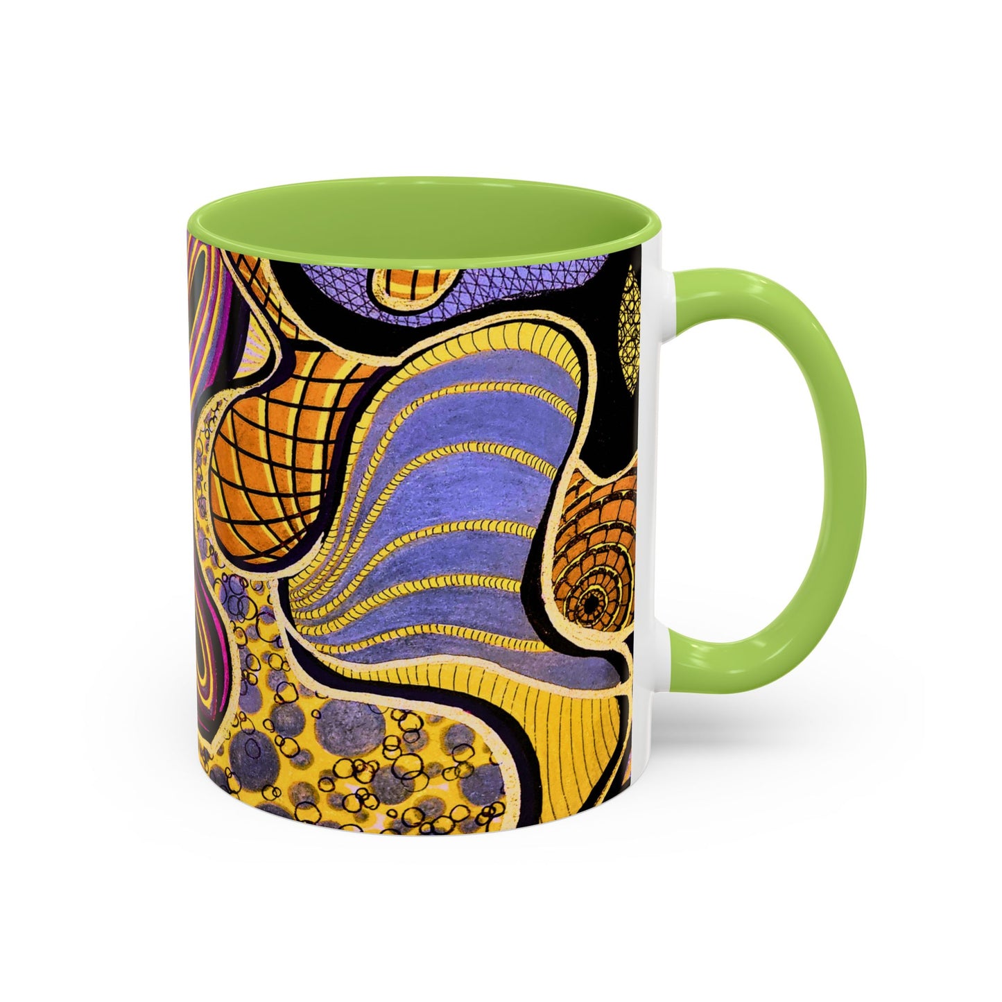 Psychedelic Seashells Accent Coffee Mug — Vibrant Purple & Gold Ocean Pattern (11/15oz)
