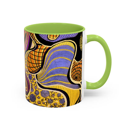 Psychedelic Seashells Accent Coffee Mug — Vibrant Purple & Gold Ocean Pattern (11/15oz)