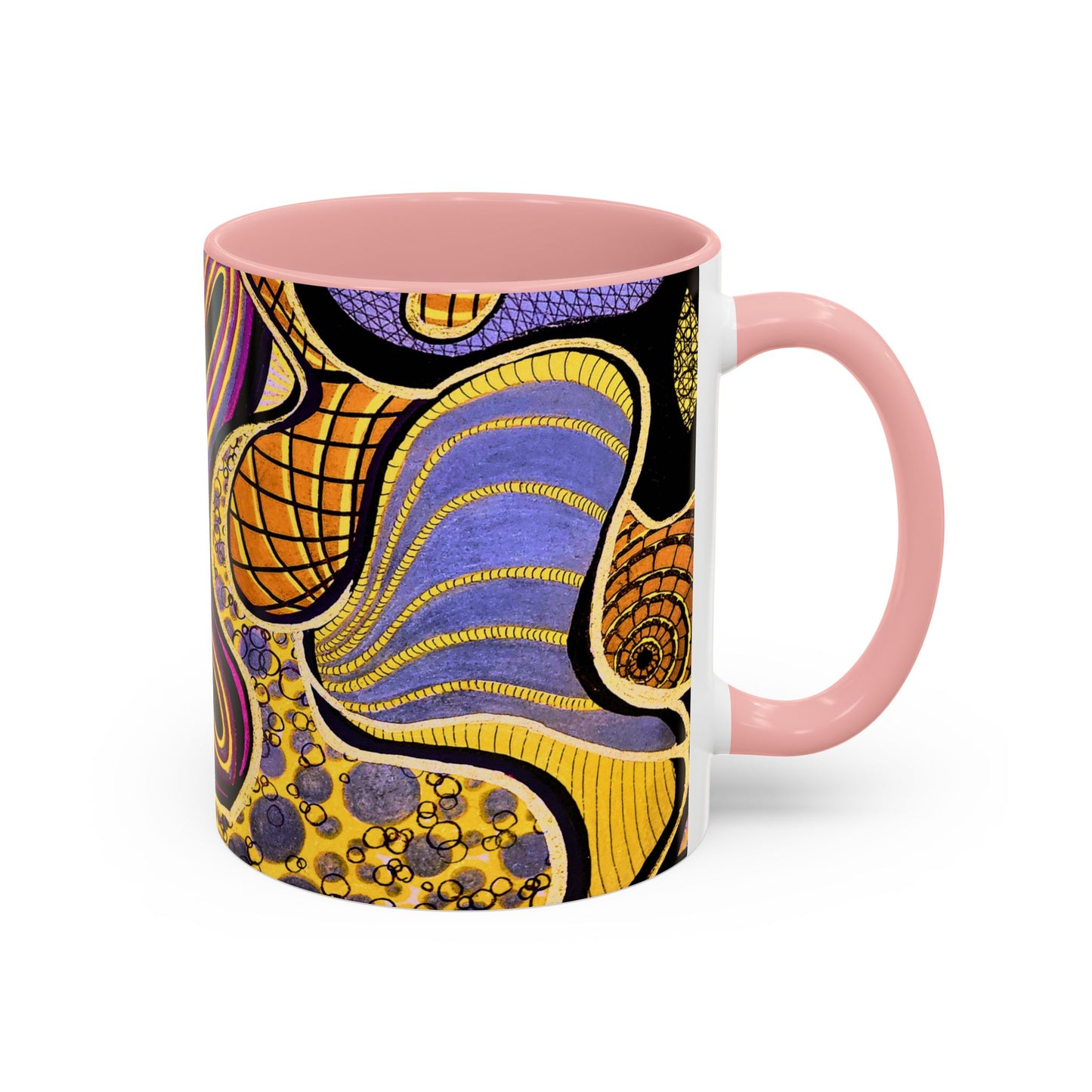 Psychedelic Seashells Accent Coffee Mug — Vibrant Purple & Gold Ocean Pattern (11/15oz)