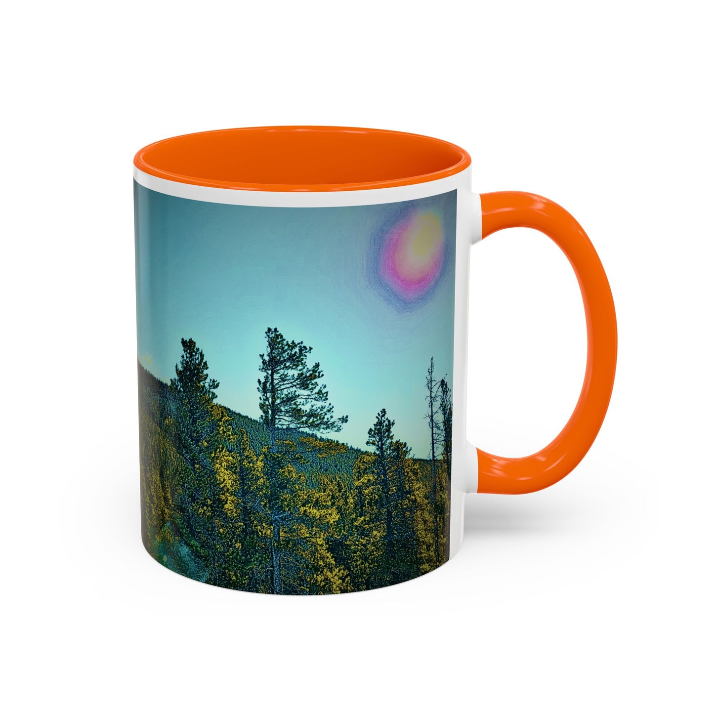 Scenic Pine Forest Accent Coffee Mug — Sunrise Landscape 11/15oz
