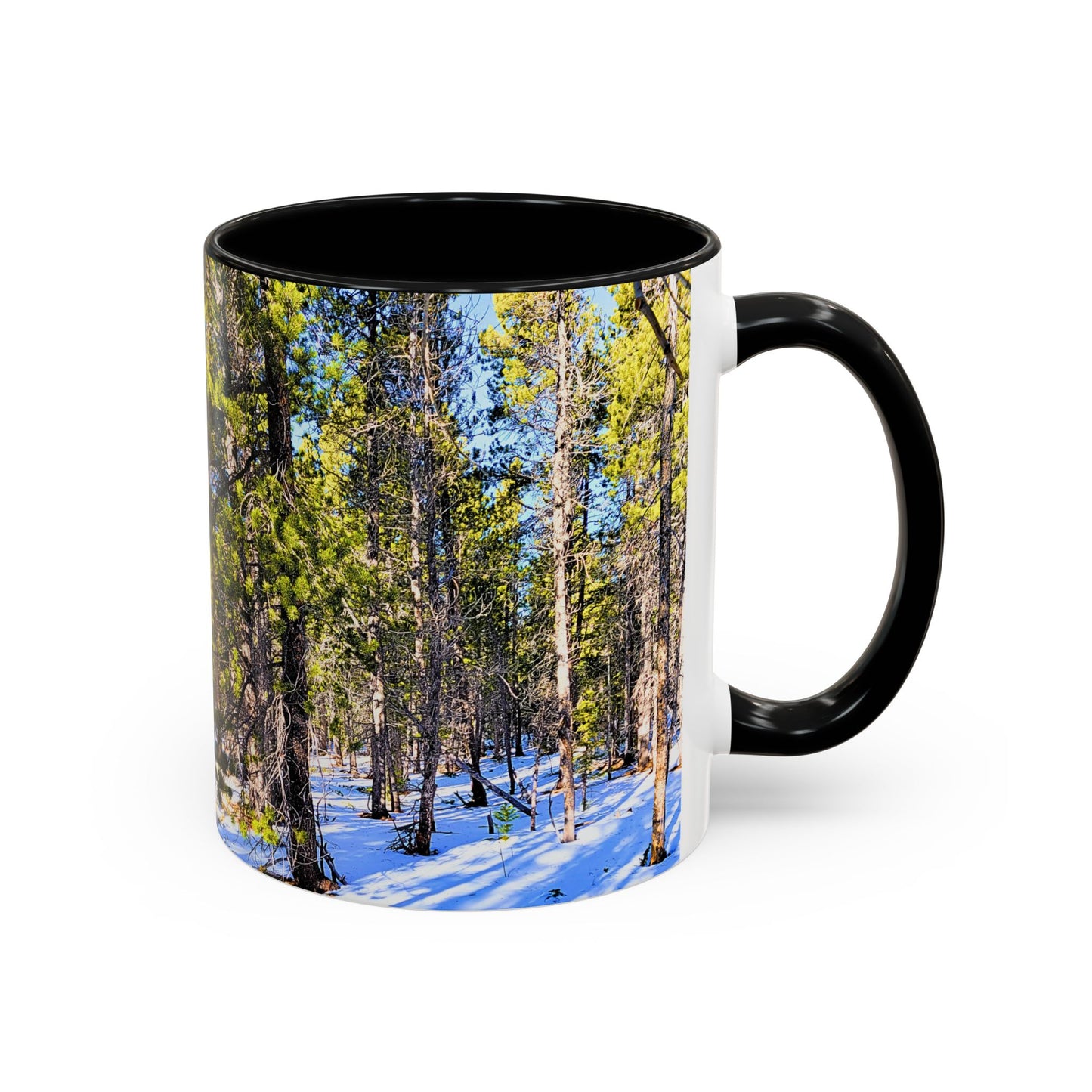 Pine Forest Snow Accent Coffee Mug – Scenic Nature Photography 11/15oz
