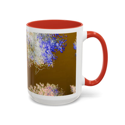 Floral Accent Coffee Mug — Botanical Blue & Pink Print on Brown (11/15oz)