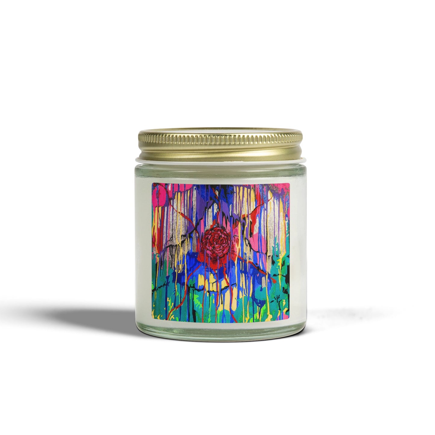 Candle jar with a colorful label on a white background