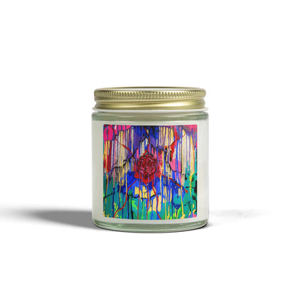 Candle jar with a colorful label on a white background