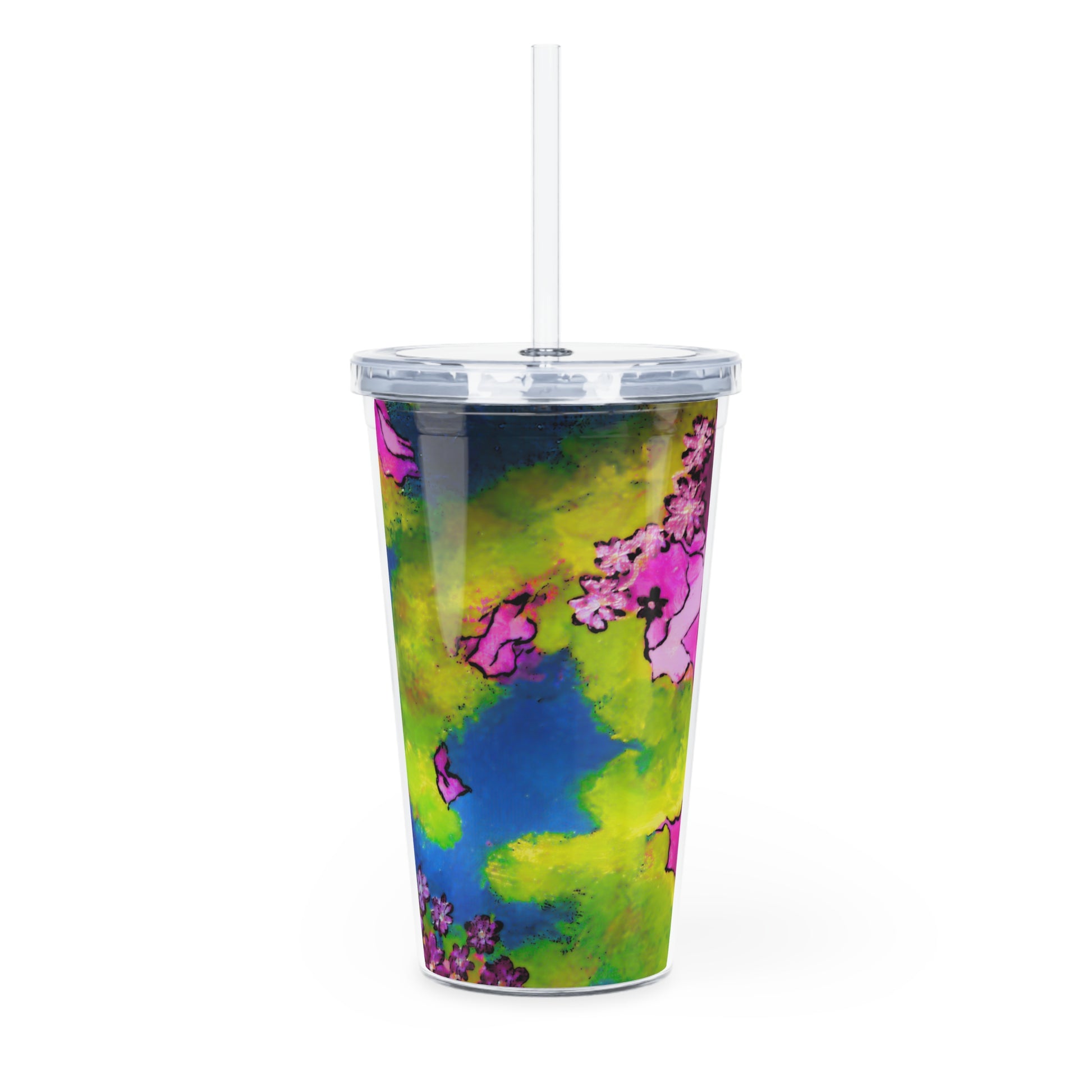 Colorful tumbler with a abstract design on a white background