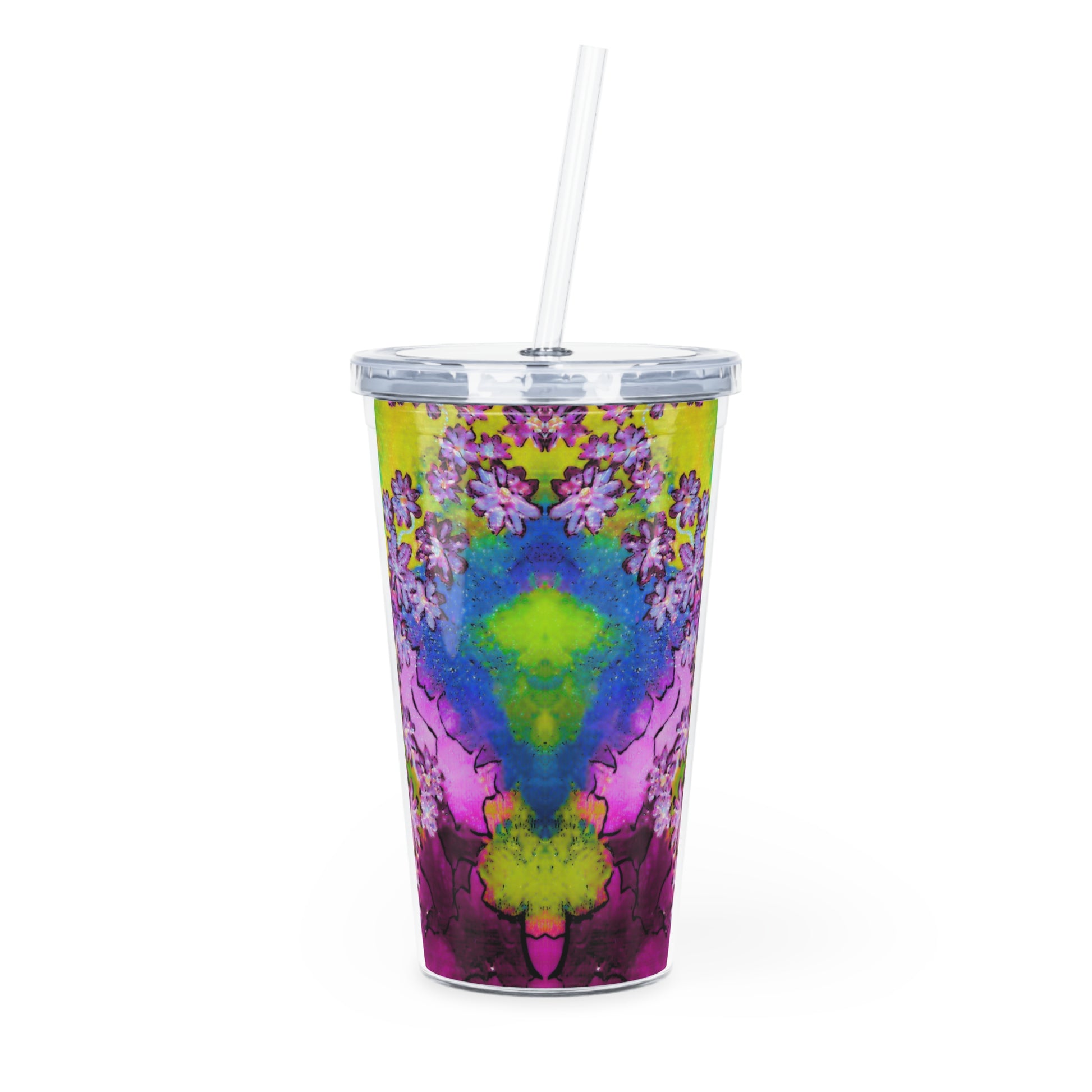 Colorful tie-dye tumbler with a straw on a white background