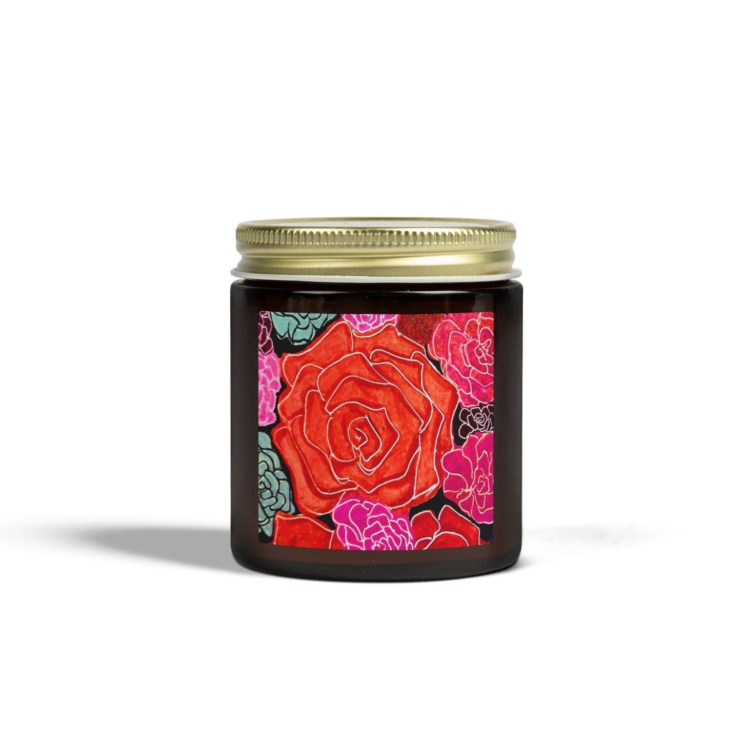 Candle jar with floral design on a white background