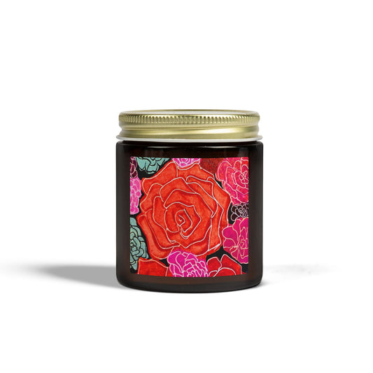 Candle jar with floral design on a white background