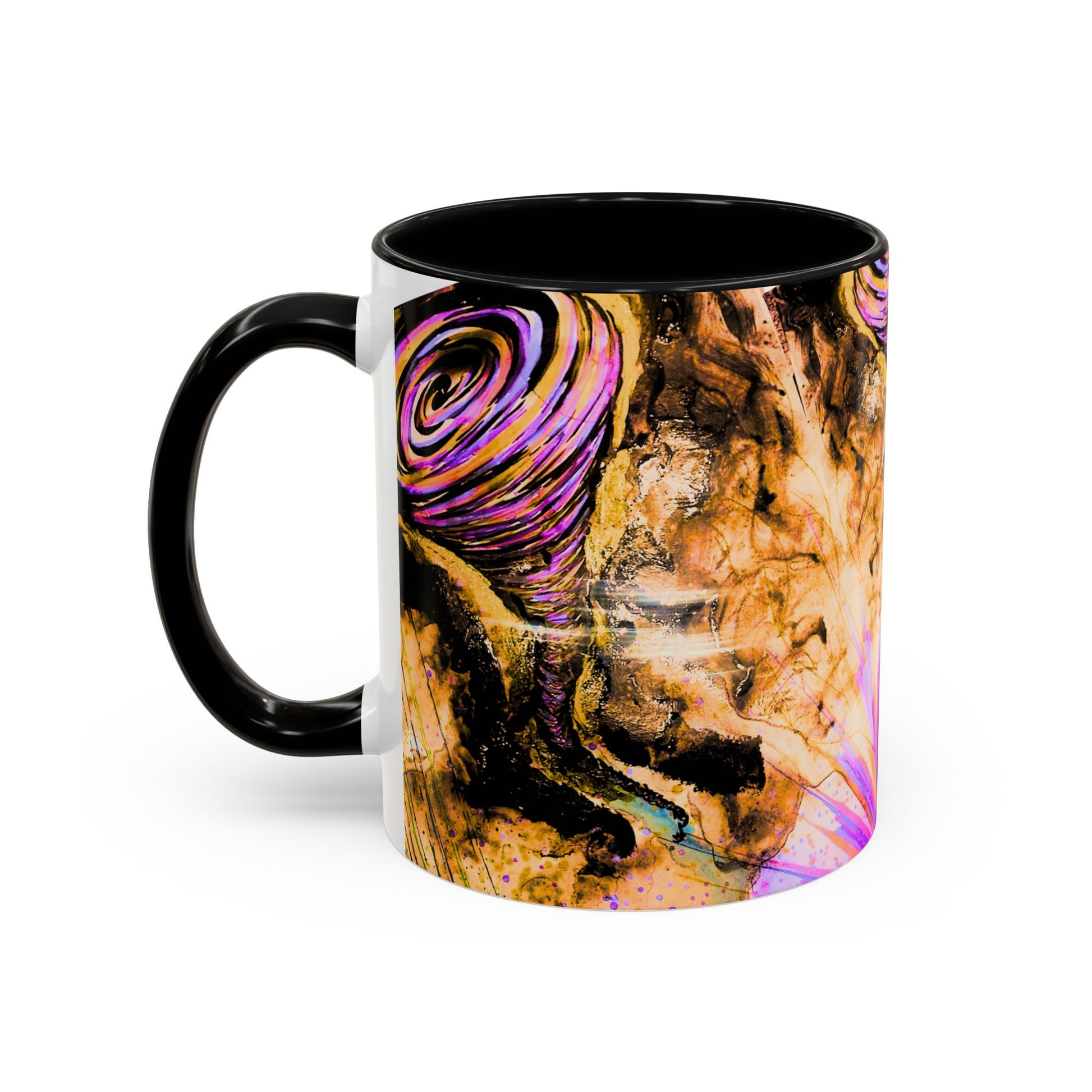 Mug with abstract design featuring swirling colors on a white background