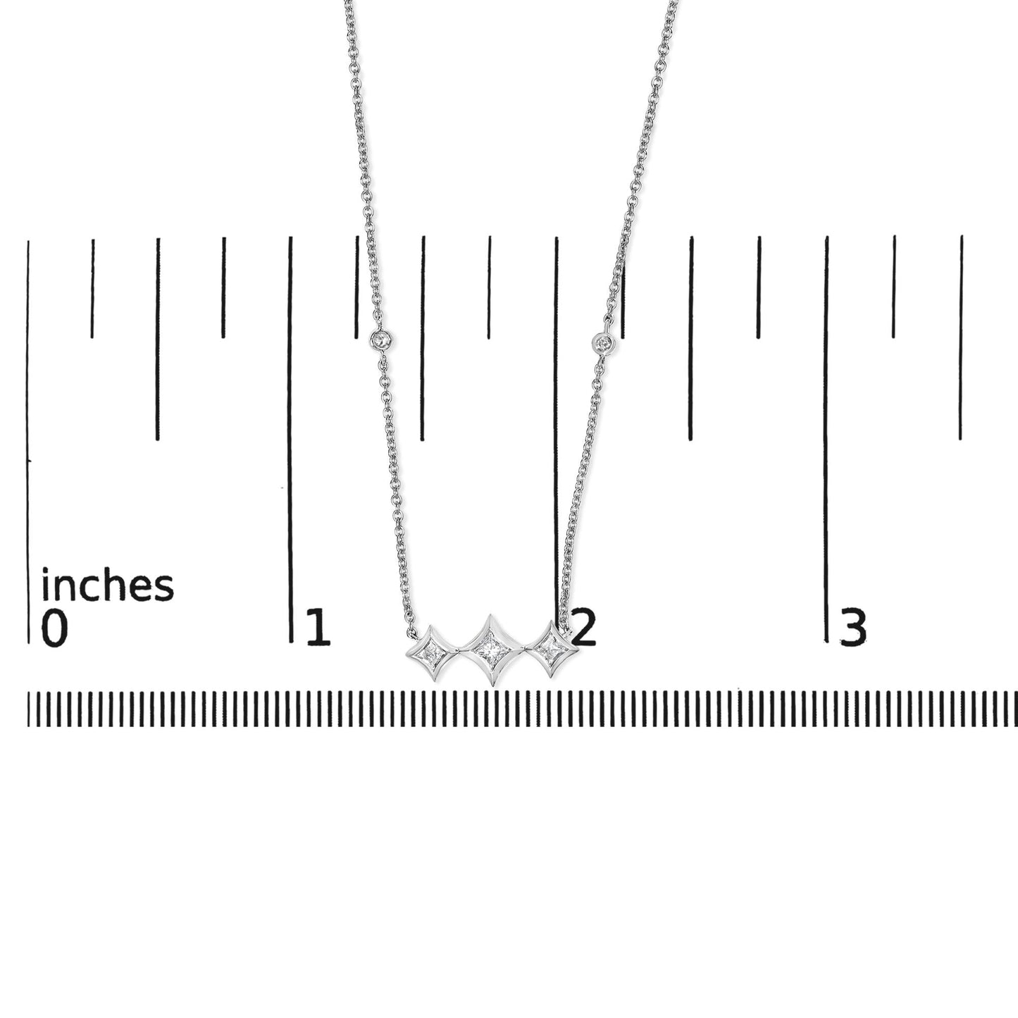 10K White Gold Bezel Set Princess Diamond 3 Stone Kite Shape and Station Necklace (H-I Color, SI2-I1 Clarity) - 18" Inches