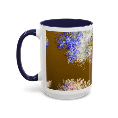 Floral Accent Coffee Mug — Botanical Blue & Pink Print on Brown (11/15oz)