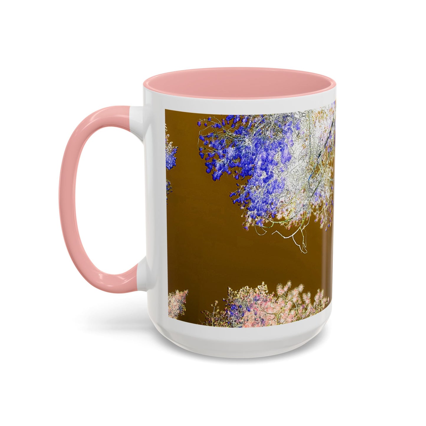 Floral Accent Coffee Mug — Botanical Blue & Pink Print on Brown (11/15oz)