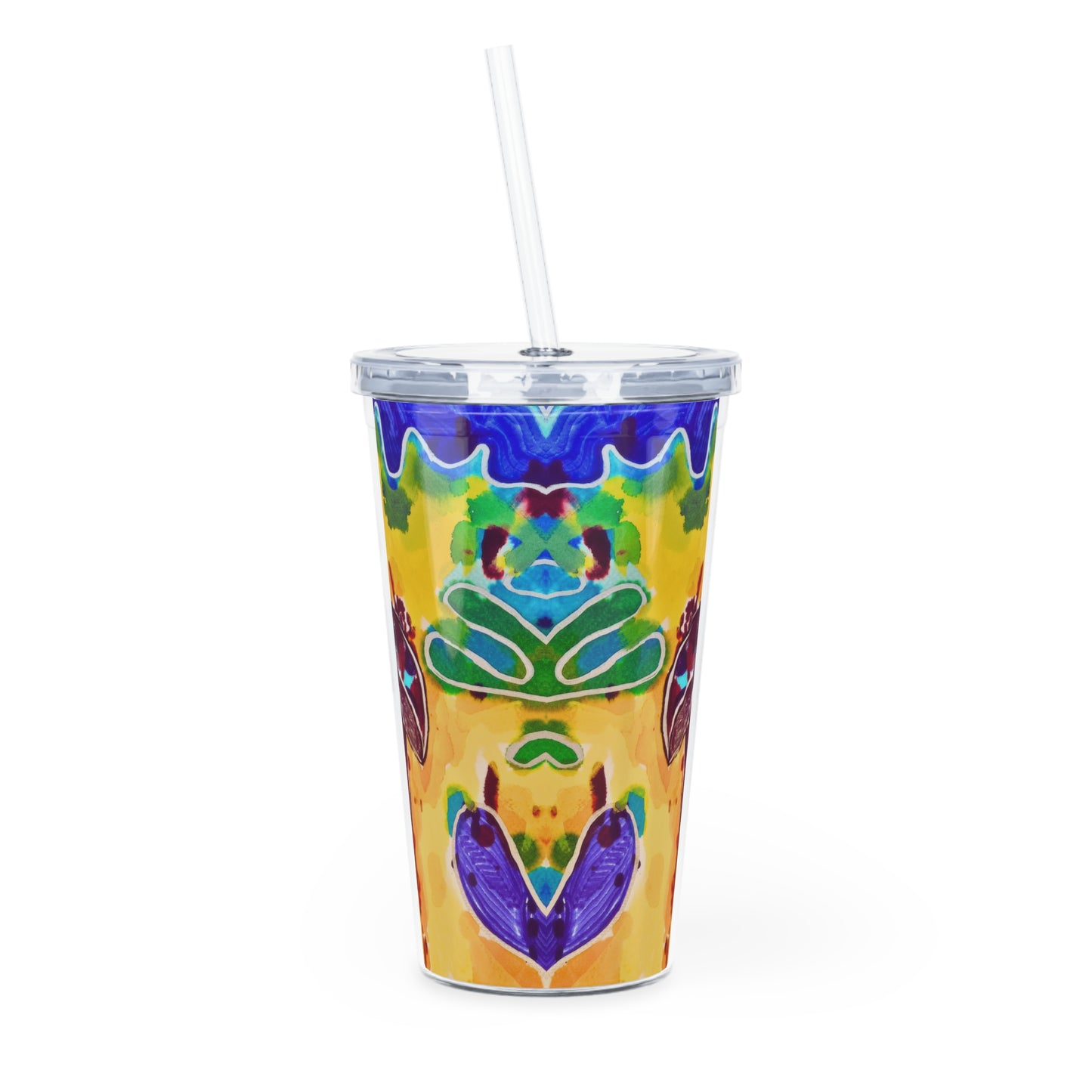 Colorful tumbler with a geometric pattern on a white background